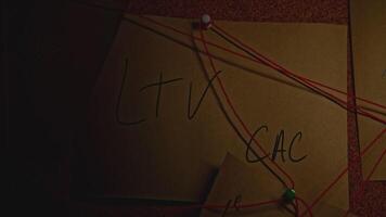 Mysterious notes on board. Stock footage. Lantern illuminates night room with notes. Mystical investigation with notes and red thread in night room video