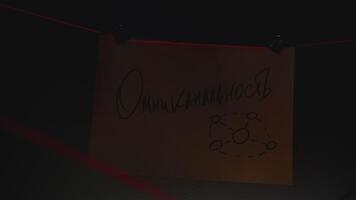 Note with inscription on wall. Stock footage. A note with an inscription on the wall. Close-up of note with inscription on red thread. Lantern lighting notes on string in night office video