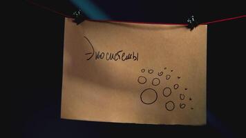 Note with inscription on wall. Stock footage. A note with an inscription on the wall. Close-up of note with inscription on red thread. Lantern lighting notes on string in night office video