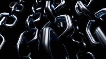 Abstract industrial background with metal large glossy chains hanging isolated on a black background. Design. Silver chains slowly rotating. video