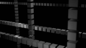 Abstract visualization of 3d game with cubes. Design. Rows of crossed 3d small figures on a dark background. video