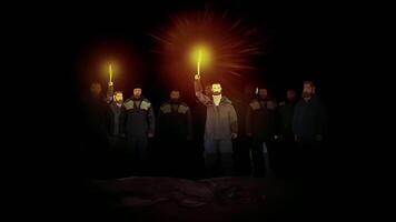 Cartoon animation of male workers raising hands with torches on a black background. Scene. Team of men in the dark. video
