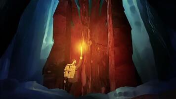 Abstract cartoon animation with the brave man with a torch in the forest. Scene. Man going through obstacles in the dangerous forest. video