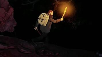 Abstract cartoon animation with the brave man with a torch in the forest. Scene. Man going through obstacles in the dangerous forest. video