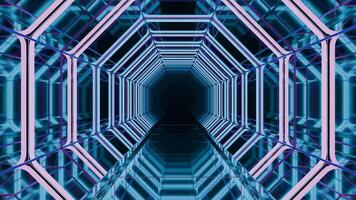 Ice color background with flying inside neon blue tunnel. Design. Corridor of hexagon silhouettes. video