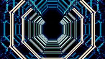 Ice color background with flying inside neon blue tunnel. Design. Corridor of hexagon silhouettes. video