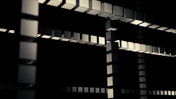 Geometric pattern with cubes in rows on a black background. Design. 3d figures flowing in dark space one by one. video