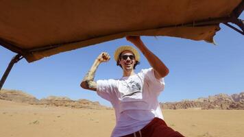 An Incredible and Exciting Desert Adventure Featuring a Joyful and Enthusiastic Traveler. Action video