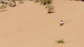 A solitary figure stands alone in a vast and desolate desert landscape, facing the horizon. Action video
