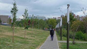People walk on park path with lanterns on summer day. Clip. Walk along path of park alley in city. Green alley with path and people walking on background of city video