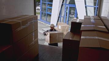 Delivery workers loading truck with cardboard boxes. Media. Putting parcels into van, concept of professional courier, delivering purchased items efficiently. video