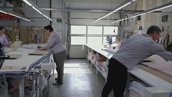 Sewing factory, workshop of creating patterns. Media. Female and male tailors preparing patterns for sewing. video