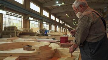 A skilled carpenter is actively engaged in their work within a well equipped wood workshop. Stock Clip video