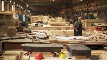 A Skilled Craftsman Diligently Working in a Wood Workshop Filled with Various Materials. Stock Clip video