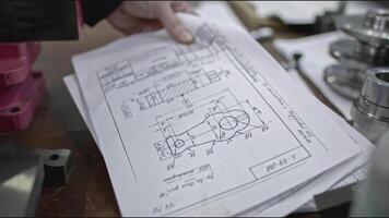 Close-up drawings of part in factory. Stock clip. Professional drawings of part in industrial factory. Production of part according to designer's drawings at factory video