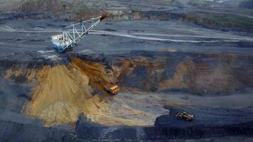 Aerial view reveals a vast mining operation with heavy duty excavators working intensely. Stock Clip video