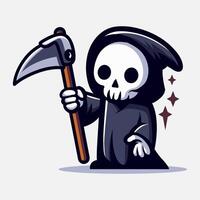 Cute grim reaper holds scythe with sparks illustration. Element for halloween design. Spooky and horror. Eps 10 vector