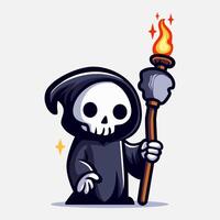 Cute grim reaper holds big torch illustration. Element for halloween design. Spooky and horror. Eps 10 vector