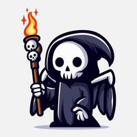 Cute grim reaper hold skull torch illustration. Element for halloween design. Spooky and horror. Eps 10 vector