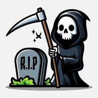 Standing of grim reaper besides the graveillustration. Element for halloween design. Spooky and horror. Eps 10 vector
