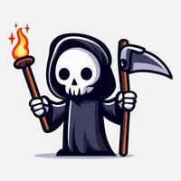 Cute grim reaper holds torch illustration. Element for halloween design. Spooky and horror. Eps 10 vector