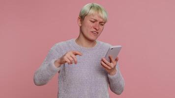 Woman use smartphone typing browsing, loses becoming surprised sudden lottery results, bad fortune video
