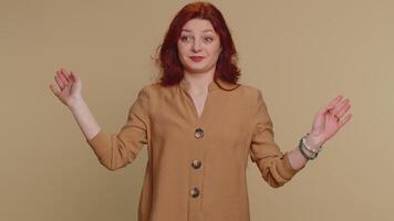 Confused woman feeling embarrassed about ambiguous question having doubts no idea clueless uncertain video
