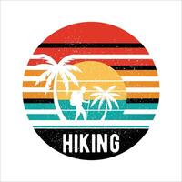 Retro Sunset Hiking Silhouette with Palm Trees and Gradient Stripes vector