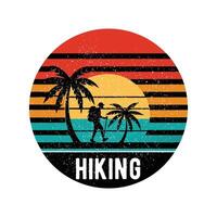 Retro Sunset Hiking Silhouette with Palm Trees and Gradient Stripes vector