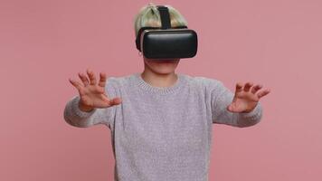 Young woman using virtual reality headset helmet to play simulation game app, watching content video