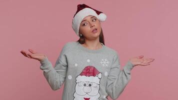 Confused woman feeling embarrassed about ambiguous question having doubts no idea clueless uncertain video