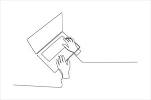 One-line drawing of hands using a laptop. vector