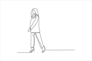 Single-line drawing of a woman walking in pantsuit and heels. vector