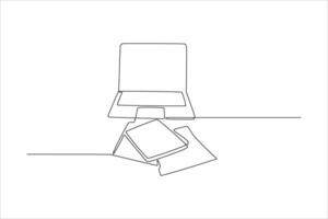 Single-line drawing of laptop, books, and papers on a desk. vector