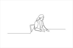 One-line drawing of woman sitting at desk. vector