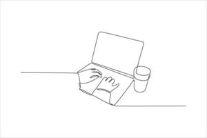 One-line drawing of person using laptop with coffee. vector