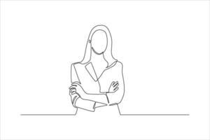 Single-line drawing of a woman with arms crossed. vector