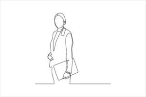 Single-line drawing of a businesswoman holding a folder. vector