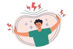 illustration of resilience psychology concept. Man holds protective barrier, resilient under the pressure of life challenges, lightning bending protective shield. Flat cartoon style vector