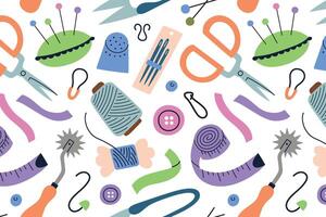 Colorful sewing pattern, illustration with needlework tools, flat cartoon design. Background with scissors, thread, needles, buttons, and ribbons. Perfect for craft, tailoring, creative project vector