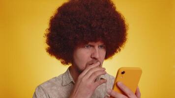 Man use smartphone typing browsing, loses becoming surprised sudden lottery results, bad fortune video