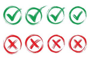 set of check marks and cross marks in hand drawn brush style vector