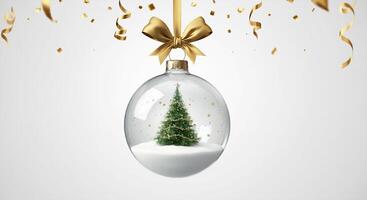 a christmas tree in a glass ball with gold ribbon and gold bow and confetti in the background photo