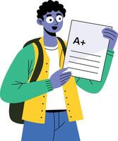 A flat illustration of a student holding a result card with an grade vector