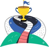A flat illustration of a winding road leading to a trophy, symbolizing success path vector