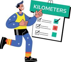 A flat illustration of a person running with a checklist of kilometers, symbolizing fitness goal vector