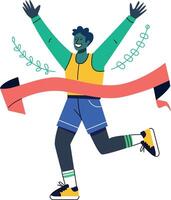 Flat illustration of a winner crossing finish line with their arms raised in victory vector