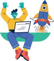 Flat illustration of a person celebrating a website launch with a rocket taking off vector