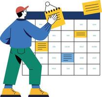 A flat illustration of a person adding notes to productivity tracker vector