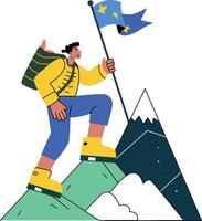 A flat illustration of a person climbing a mountain with a flag, symbolizing overcoming challenges vector